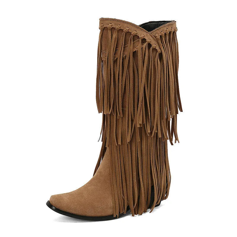 Women's knee-high suede boots with a chunky heel and square toe.