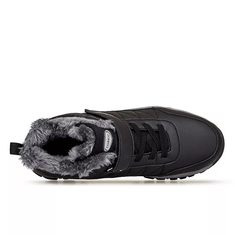 Men's high-top fleece-lined winter hiking shoes in black, gray, and red