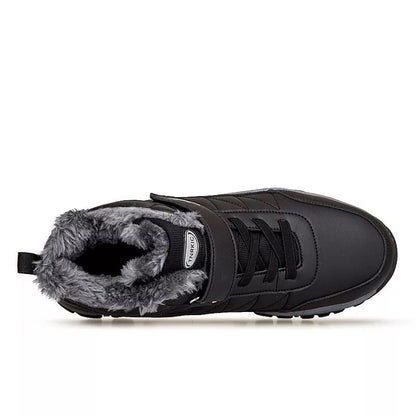 Men's high-top fleece-lined winter hiking shoes in black, gray, and red