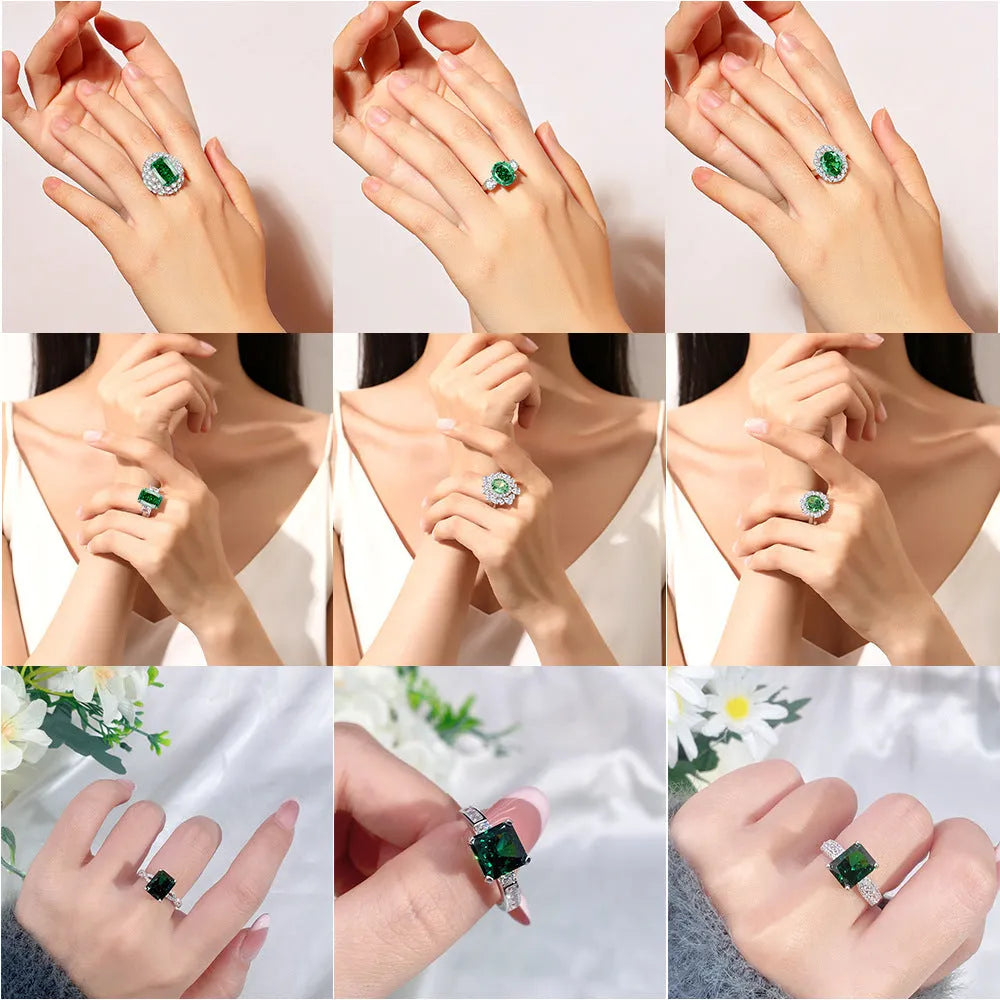 S925 silver emerald ring with palaibahao inlaid high carbon diamond, geometric design with elliptical elements