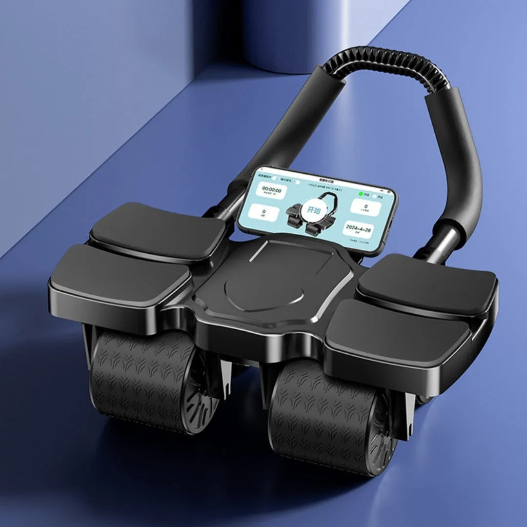 Black abdominal wheel with four polypropylene wheels and automatic rebound mechanism for core exercises