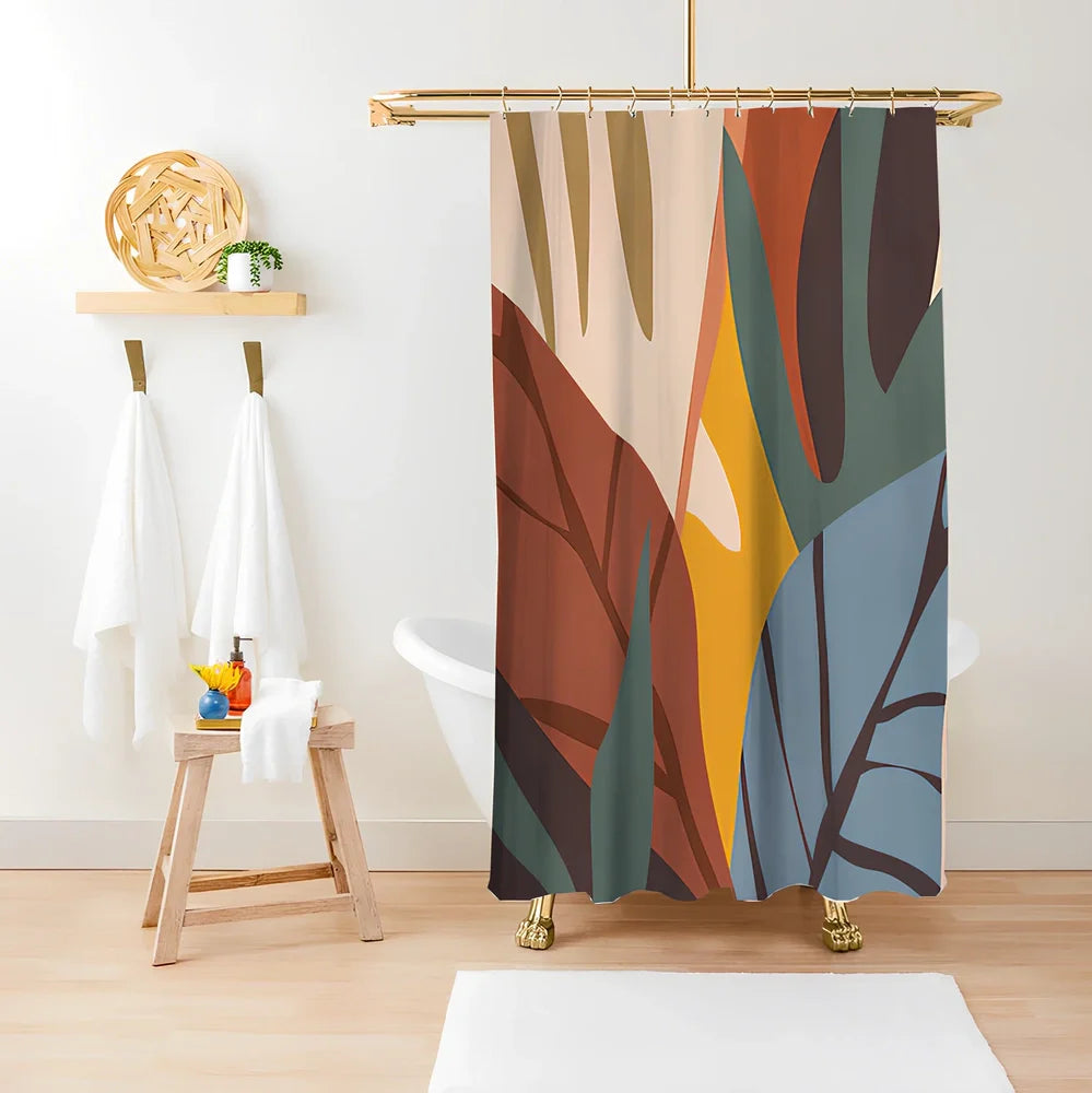 Green plant print shower curtain with waterproof polyester material in bathroom setting