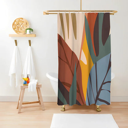 Green plant print shower curtain with waterproof polyester material in bathroom setting