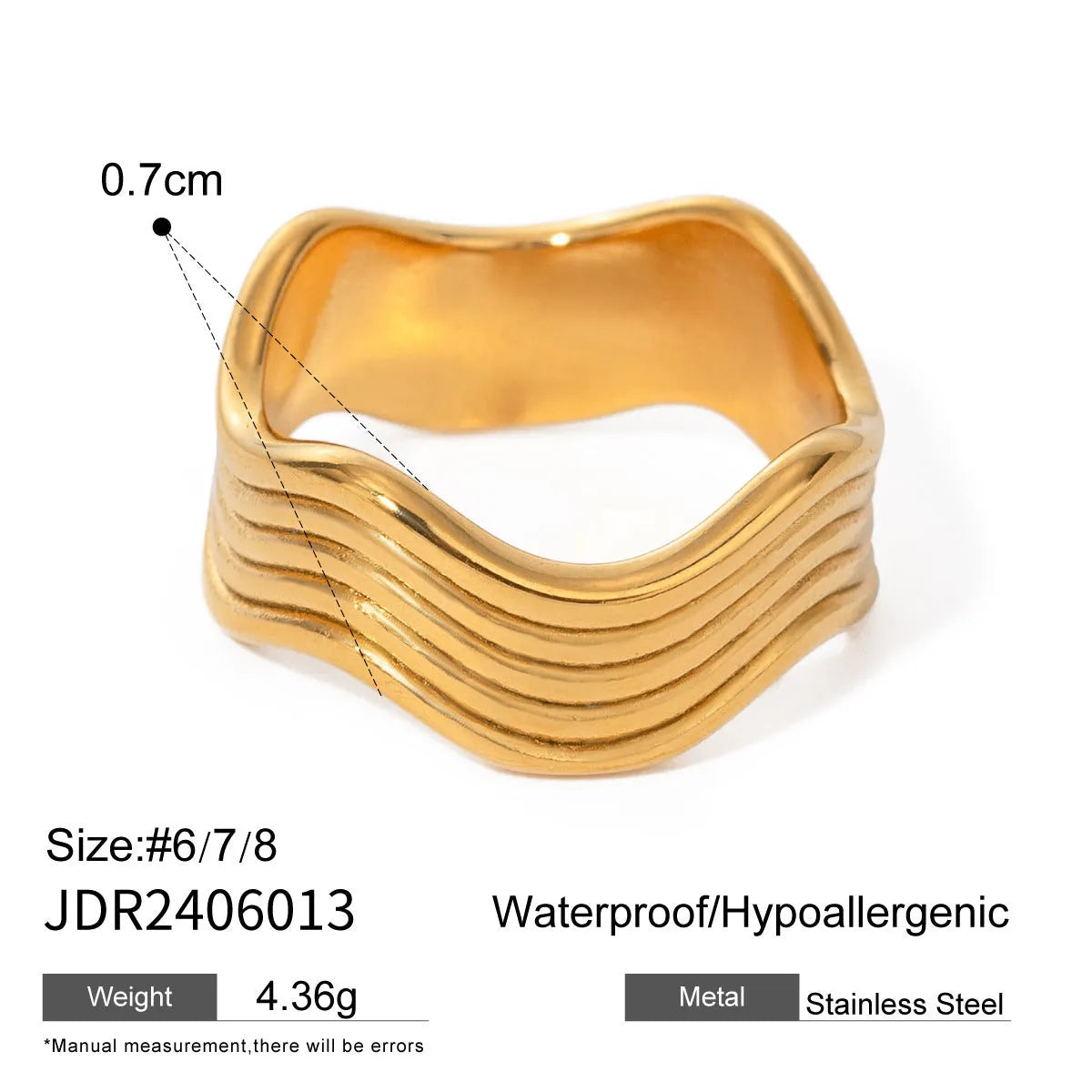 Stainless steel geometric wave ring with 8mm wide band and electroplated finish