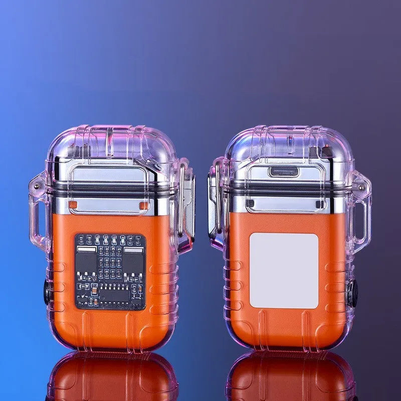 Transparent shell electronic lighter showing plasma arc with detachable pocket clip and paracord lanyard