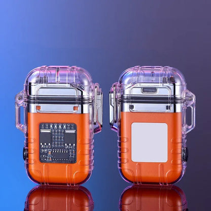 Transparent shell electronic lighter showing plasma arc with detachable pocket clip and paracord lanyard