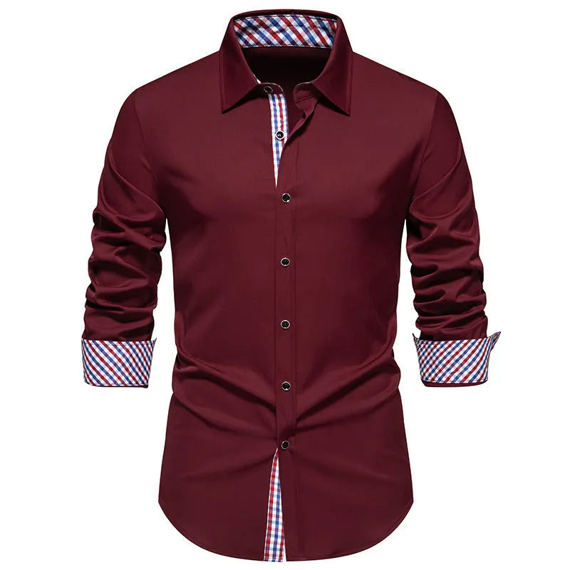 Men's loose fit plaid long-sleeved shirt in polyester blend fabric available in three colours