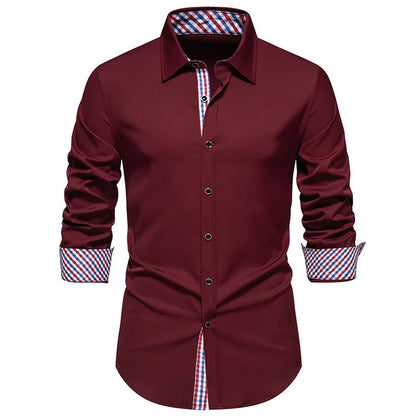 Men's loose fit plaid long-sleeved shirt in polyester blend fabric available in three colours