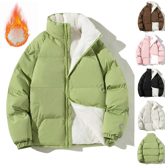 A plush, cozy winter jacket with a stand-up collar and pockets, available in a variety of colors for couples