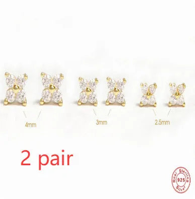 S925 sterling silver stud earrings with geometric crystal petal flowers in gold finish