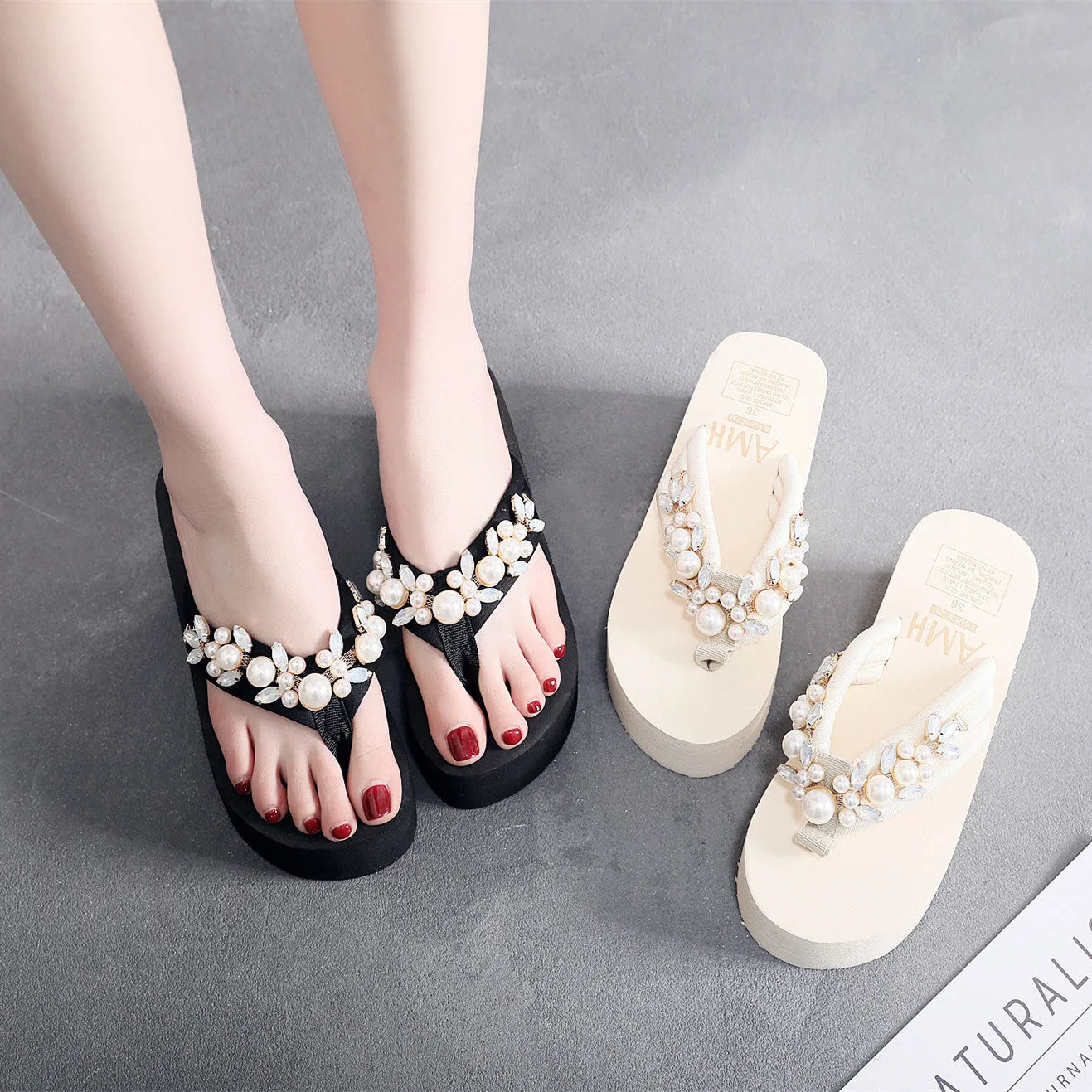Women's black and beige high-heeled flip-flop sandals with cotton cloth straps
