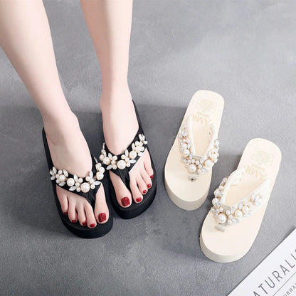 Women's black and beige high-heeled flip-flop sandals with cotton cloth straps