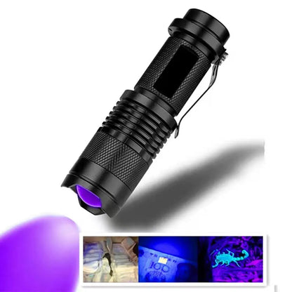 5W UV flashlight torch in aluminium alloy or ABS plastic with 365nm or 395nm purple light and XPE white light options