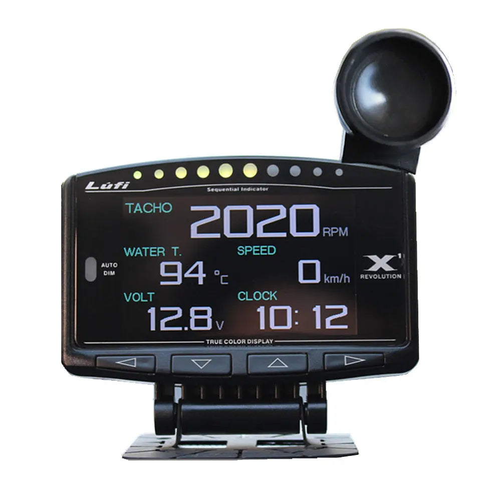 X1 Automotive OBD diagnostic instrument with metal housing and LED display, shown with power cord.