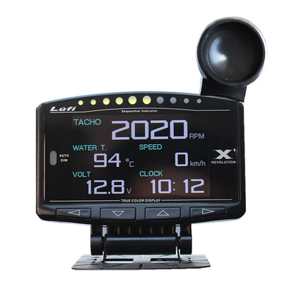 X1 Automotive OBD diagnostic instrument with metal housing and LED display, shown with power cord.