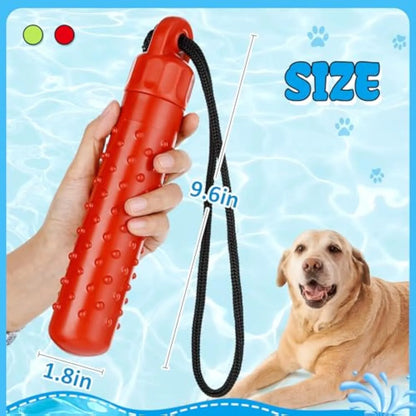 Two bright red and green floating TPR dog toys with ropes for water fetch and food hiding.