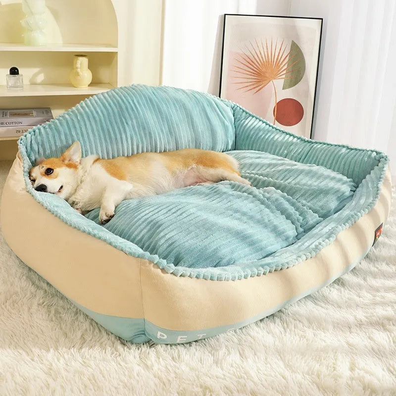 Morandi colour pet bed with removable washable cover, shown in M and L sizes for dogs up to 30kg