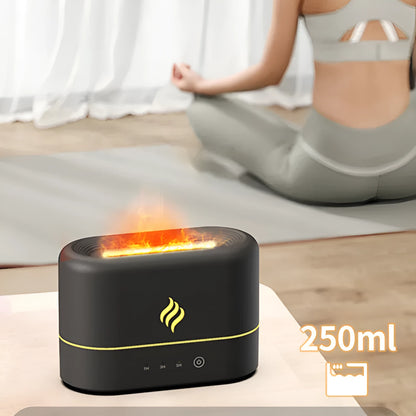 Black or white USB humidifier with seven-colour flame effect light and water tank.