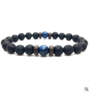 Stylish men's bracelet made with natural volcanic stone, flash stone, and wood chip in a geometric, mosaic-like design