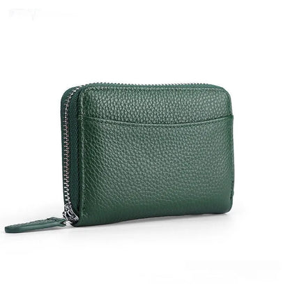 Genuine leather men's and women's zipper coin storage purse in black with sewing line detail.