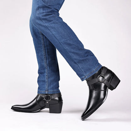 Men's and women's chain detail boots with square toe and side zipper in frosted finish