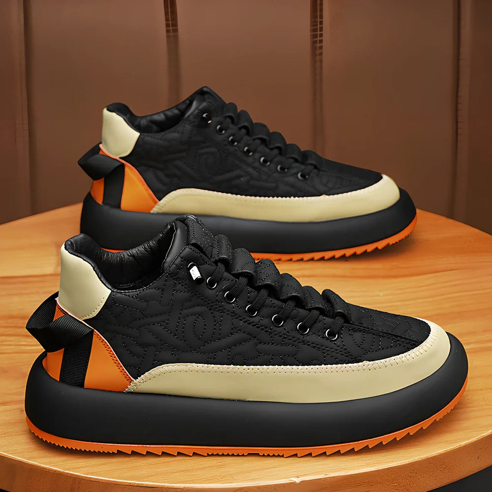 Men's elastic band casual shoes with thick sole in black and orange colour combination