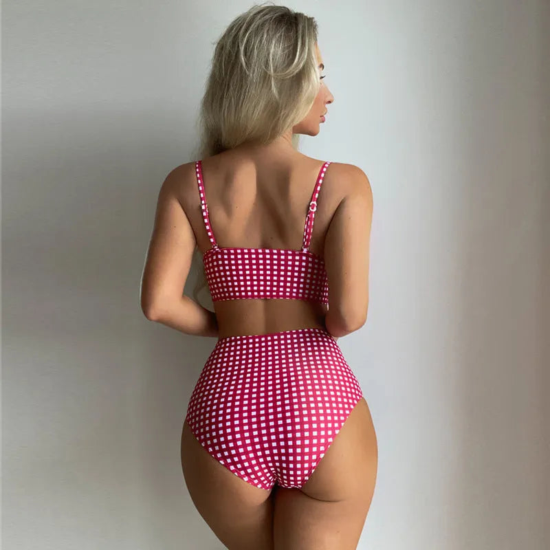 A rose red plaid high-waisted bikini swimsuit for women, showing the top and split-leg briefs.