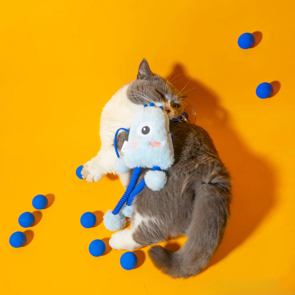 Blue telescopic elastic cat toy with plush mint bell ring measuring 30x30 cm