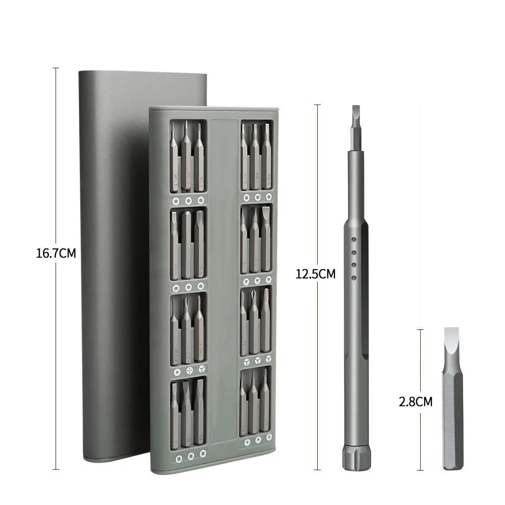 49-in-1 magnetic screwdriver set for phone repair with nickel aluminium bronze handles in a holder.