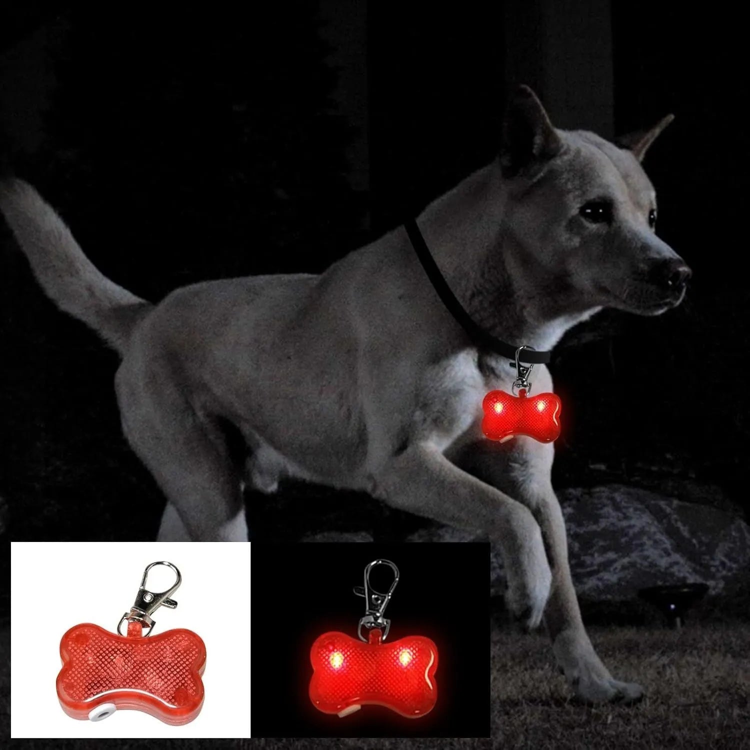 Blue LED bone-shaped pet pendant attached to a collar, showing dimensions of 4cm by 3cm