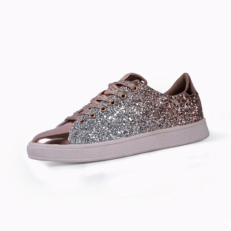 Women's colourful sequin casual low-top shoes in black, pink, and gold colours with lace-up front
