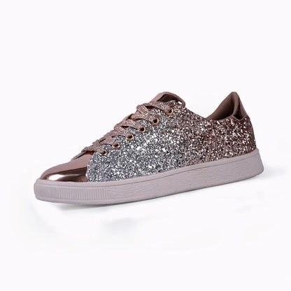 Women's colourful sequin casual low-top shoes in black, pink, and gold colours with lace-up front