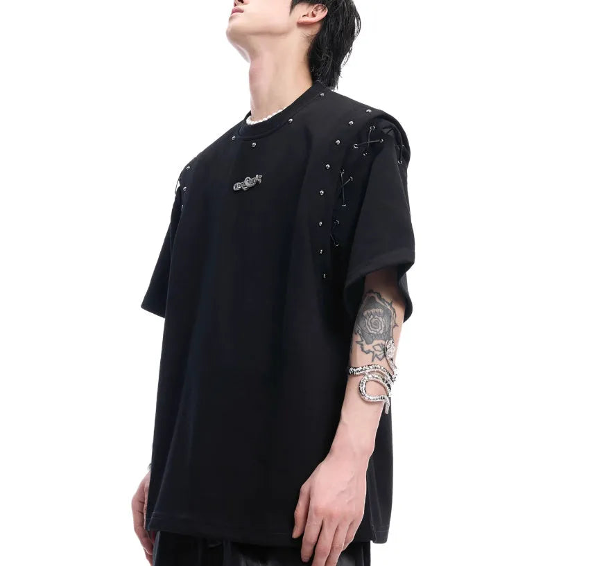 Black short sleeve women's T-shirt with lace-up cutout detailing on the sleeves.