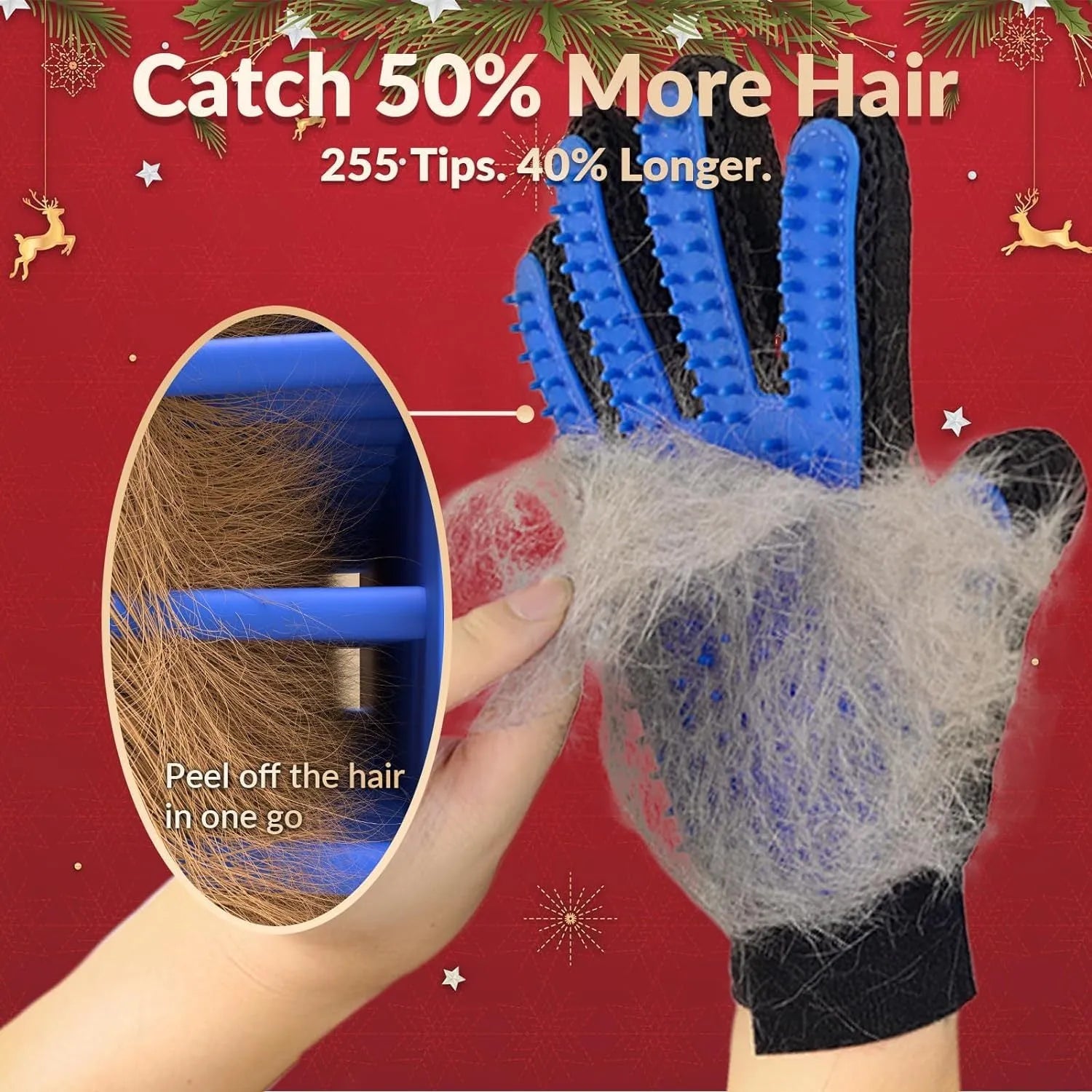 Blue pet grooming gloves with silicone tips and adjustable wrist strap for gentle shedding removal