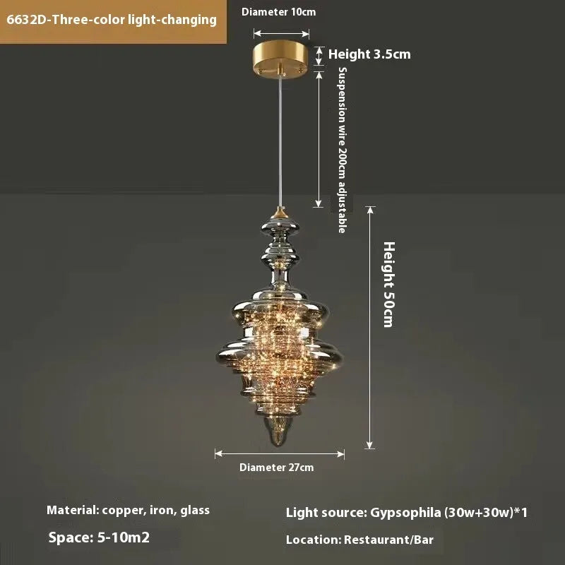 Modern adjustable glass droplight chandelier with LED lighting on a long suspension cable.