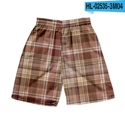 Men's plaid pattern casual shorts with an elastic waistband, shown in a straight leg design.