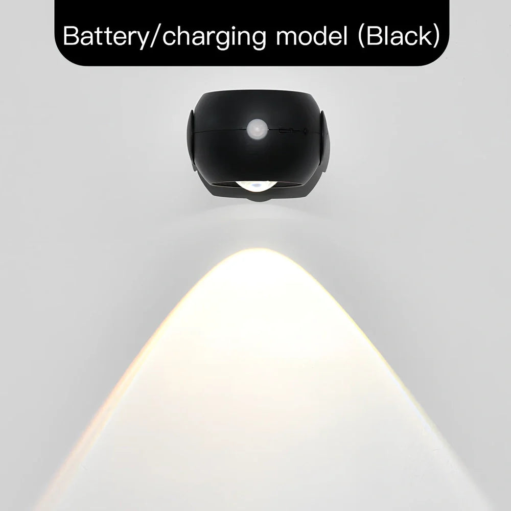 Adjustable angle human sensing wall light with rotating head and adhesive mounting for corridors