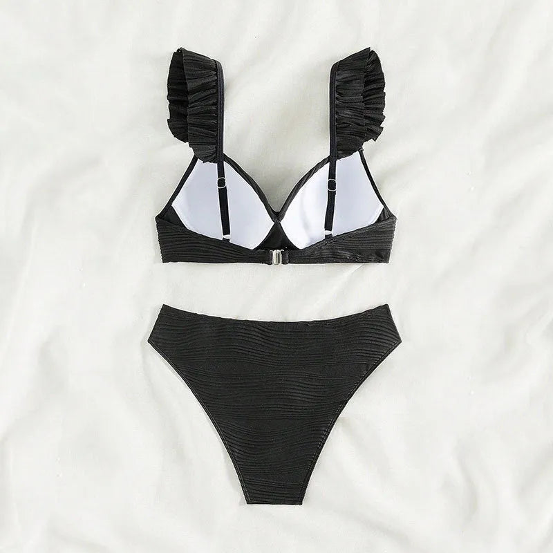 Women's solid colour polyester bikini swimsuit in black or khaki shown as two-piece set