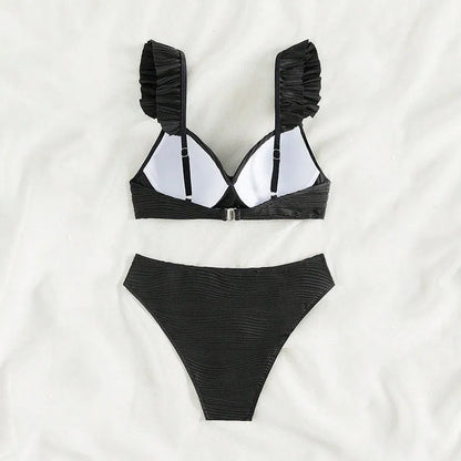 Women's solid colour polyester bikini swimsuit in black or khaki shown as two-piece set
