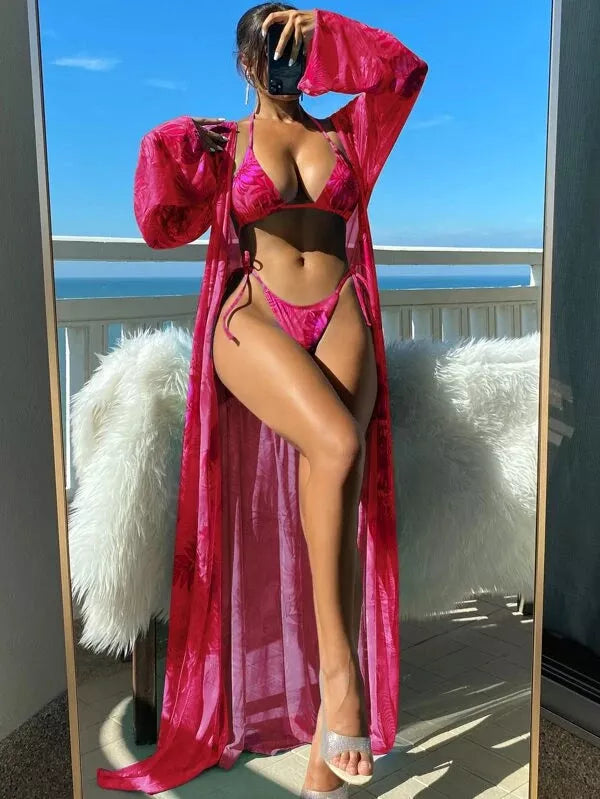 Split Long Sleeve Ins Blouse Banded Bikini Set in various colors