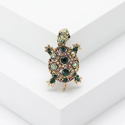 Retro rhinestone turtle brooch pin in blue green or red colours with animal modelling design
