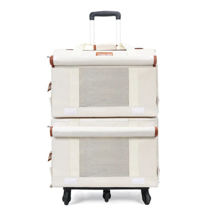 Double-deck pet trolley bag in nylon with 18L capacity for cats and small pets, shown in brown, green, white, or yellow