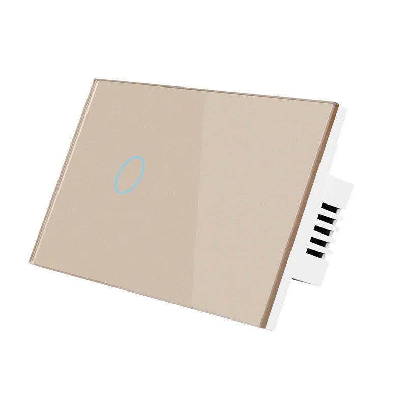 US-RF-02W white 2-gang remote control light switch with tempered glass panel measuring 120x72x35mm
