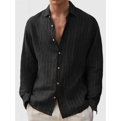 Man wearing a loose striped cardigan-style shirt with short sleeves.