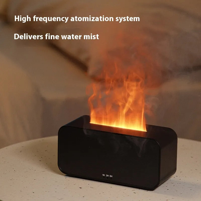 Black and white USB aromatherapy diffuser showing flame simulation and humidifier mist.