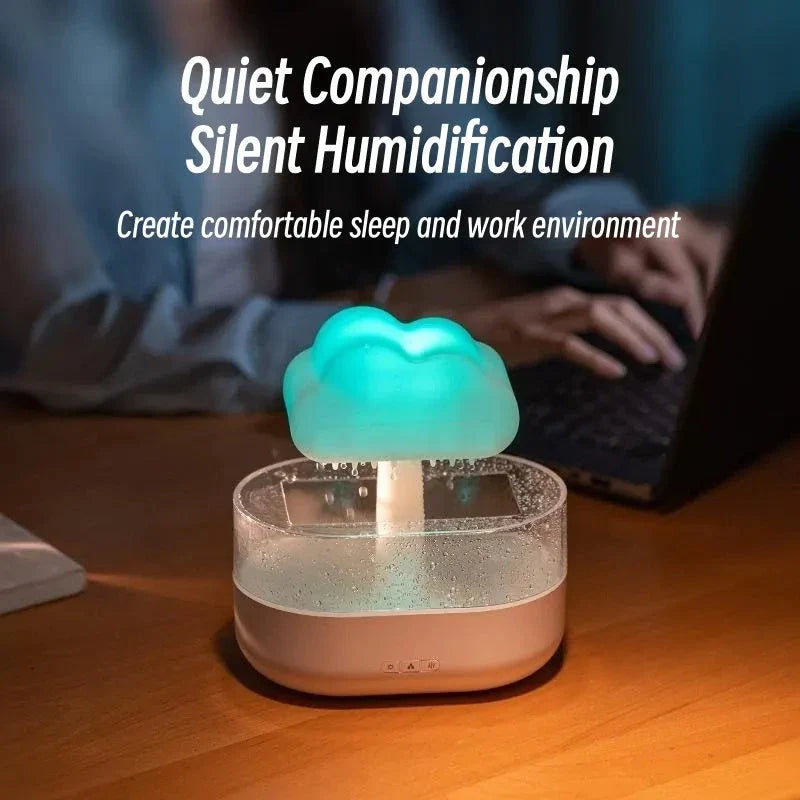 Soothing cloud-shaped humidifier with raindrop lights, aromatherapy diffuser, and sleep-promoting functions for a tranquil ambiance
