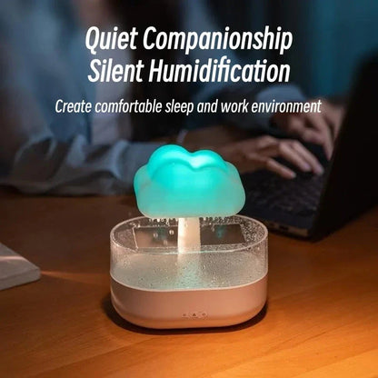 Soothing cloud-shaped humidifier with raindrop lights, aromatherapy diffuser, and sleep-promoting functions for a tranquil ambiance