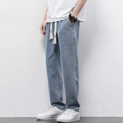Men's summer loose wide-leg jeans with drawstring elastic waist in various colors