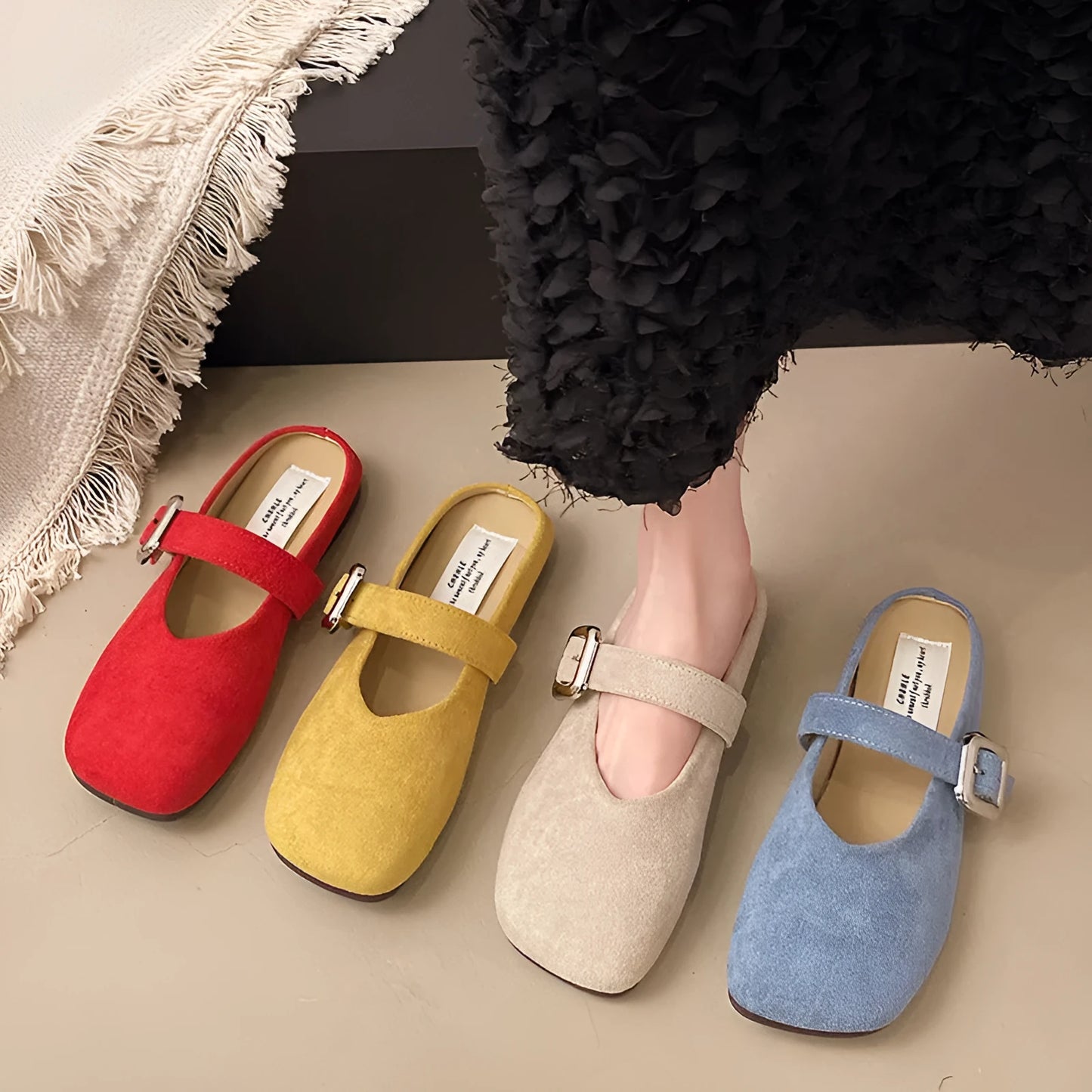 Women's flat square toe slipper in apricot colour with a rubber sole and PU upper.