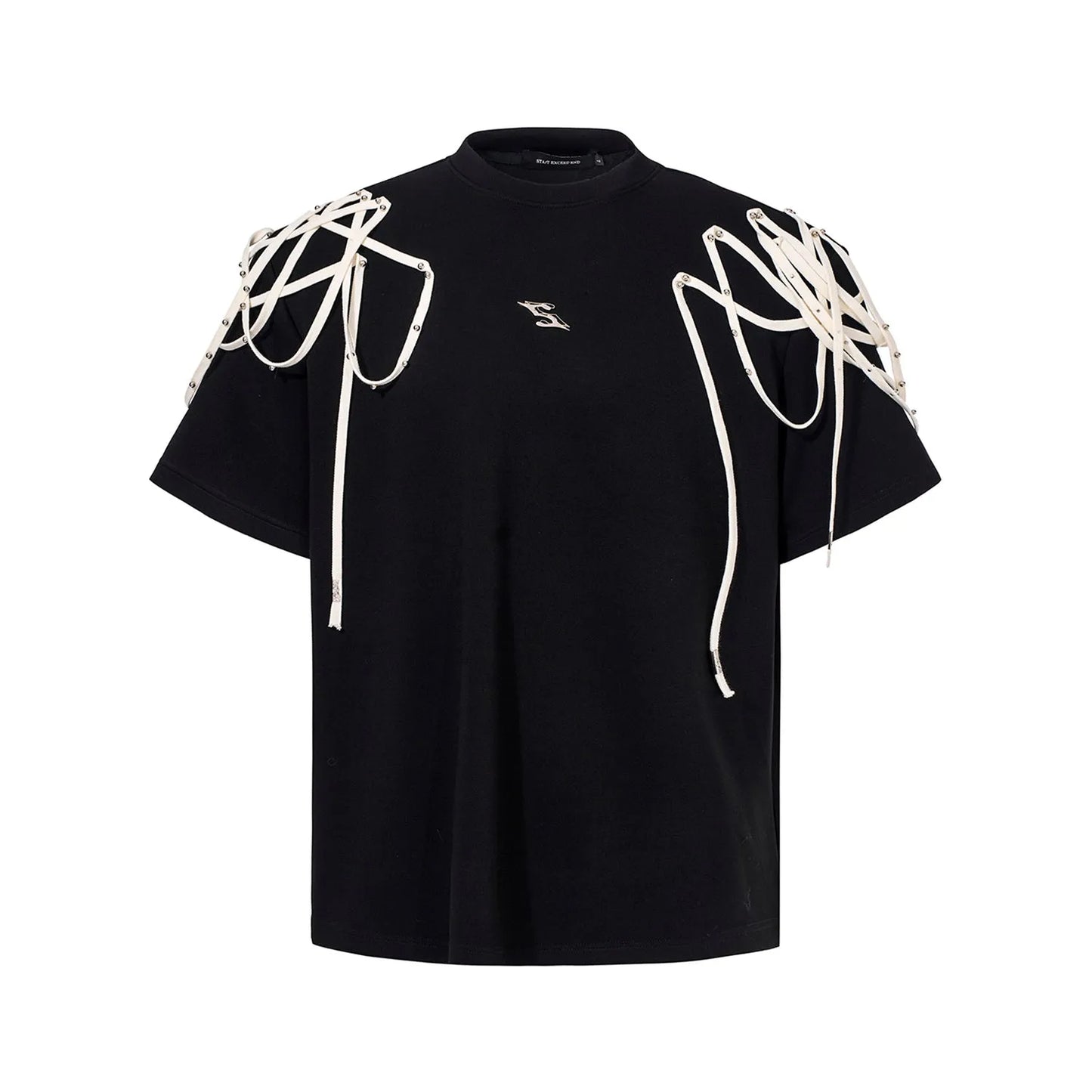 Black loose fit short sleeve t-shirt with padded shoulder detail on a hanger.